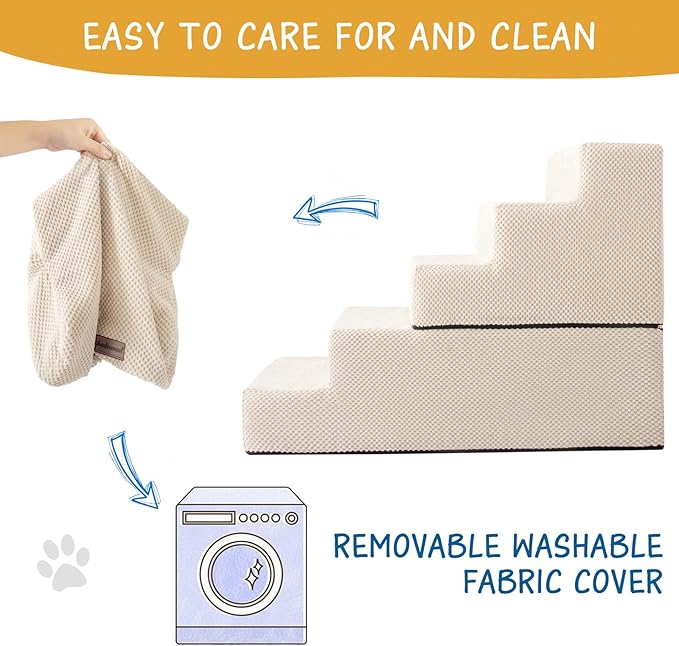 5-Step Dog Stairs to Bed, Dog Steps for High Beds and Couch, Non-Slip Pet Stairs for Small Dogs and Cats,Dog Bed Stairs, Beige, 3/4/5 Steps