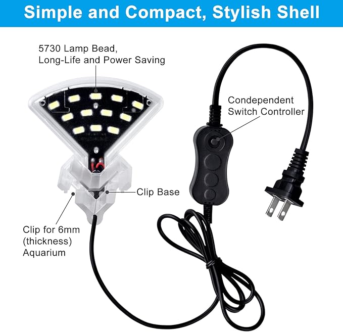 WEAVERBIRD Aquarium Light M3 Fan Shape Fish Tank LED Light 5W 12 LED Planted Clip Lamp for 4-10Inch 6mm Thick Fish Tanks
