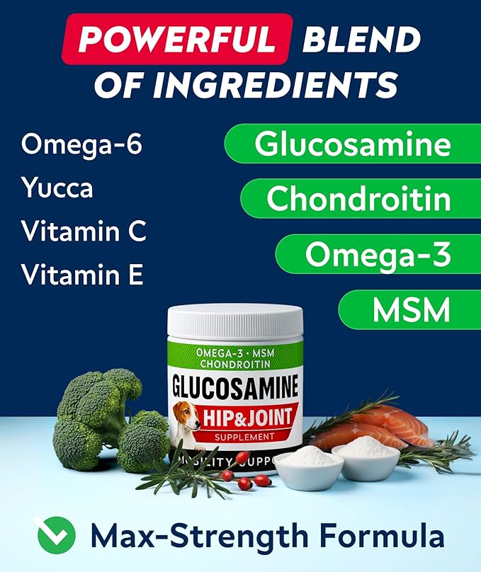 Glucosamine Treats for Dogs - Joint Supplement w/Omega-3 Fish Oil - Chondroitin, MSM - Advanced Mobility Chews - Joint Pain Relief - Hip & Joint Care - Peanut Butter Flavor - 180 Ct - Made in USA