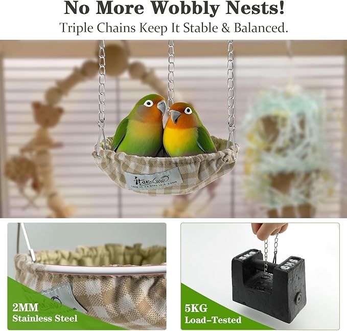 Waterproof Bird Bed with Adjustable Chain, Customizable Height Hanging Bird Hammock for Cage, Small Size Bird Nest with Durable Non-Collapsible Bottom, Bird Hut for Conures, Budgies (Khaki)