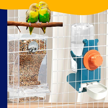 VERTUPET No Mess Bird Feeders with Water Dispenser Automatic Transparent Acrylic Food Container Drinker for Cage Automatic Parrot Feeder Seed Container Cage Accessories (Blue)