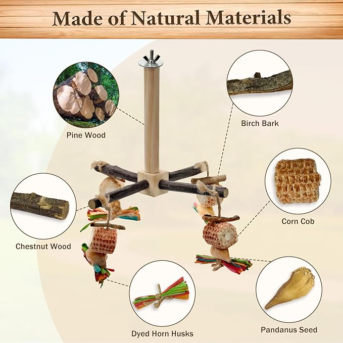 2-Pack 360° Rotating Parrot Perch Toy with Chew Toy, Natural Wooden Perch Stand, Bird Cage Accessory with Exercise Wheel for Small & Medium Birds Like Parrot Finches Muscicapidae etc, US