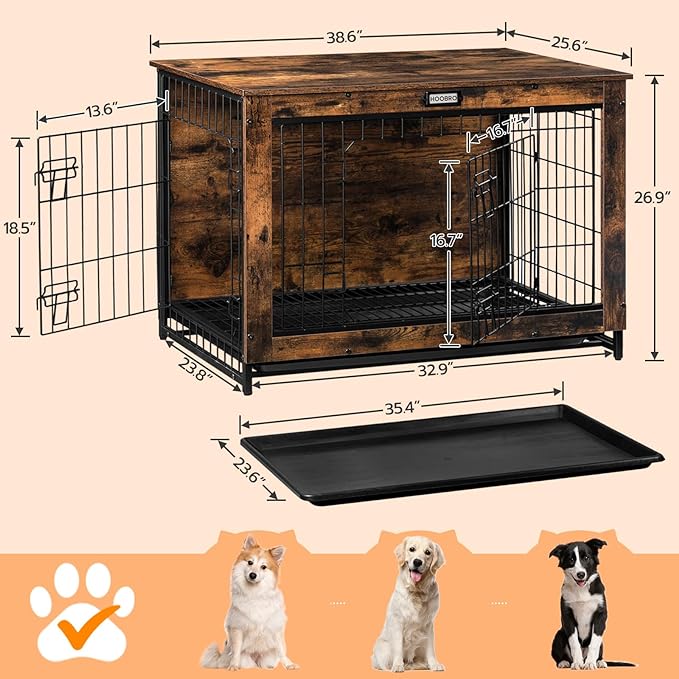 HOOBRO Dog Crate Furniture, 38.6" Large Dog Kennel Indoor, Wooden Cage with Pull-Out Tray, Double Doors Pet House Side End Table for Large/Medium/Small Dogs, Rustic Brown BF982GW03G1