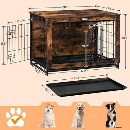 HOOBRO Dog Crate Furniture, 38.6" Large Dog Kennel Indoor, Wooden Cage with Pull-Out Tray, Double Doors Pet House Side End Table for Large/Medium/Small Dogs, Rustic Brown BF982GW03G1