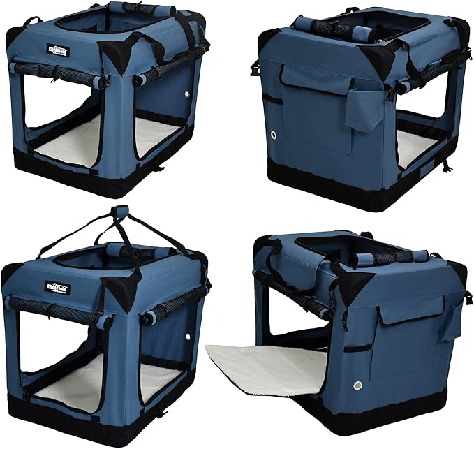 EliteField 4-Door Folding Soft Dog Crate with Curtains, Carrying Bag and Fleece Bed (2 Year Warranty), Indoor & Outdoor Pet Home (24" L x 18" W x 21" H, Blue Gray+4 Door Curtains)