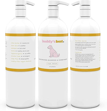 Buddy's Best, Dog Shampoo and Conditioner in One - Natural Oatmeal Shampoo for Dogs with Sensitive Skin - Moisturizing Dog Wash (32 Fl Oz, Ripe Melon)