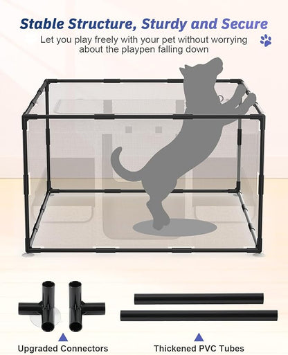 Dog Playpen, 43x43x26 Inches Puppy Playpen Portable with Top Cover, Thickened Fabric Tear Resistant Waterproof Bottom with Breathable Mesh Dog Fence for Indoor and Outdoor, Gray