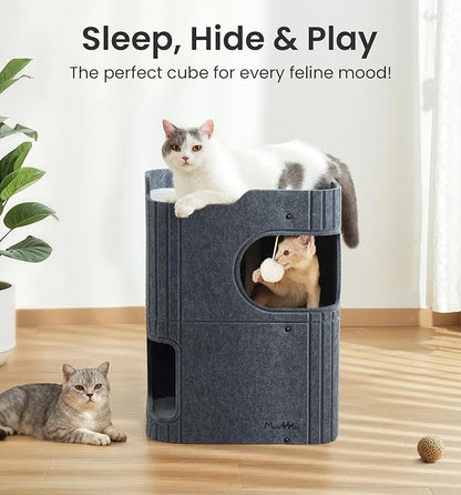 Made4Pets Cat House for Indoor Use, 2-Storey Cube Bed Cave, Covered Hideaway Condo with Scratch-Resistant Felt, Foldable Easy-to-Clean Design for Multi-Cat Homes, Dark Grey