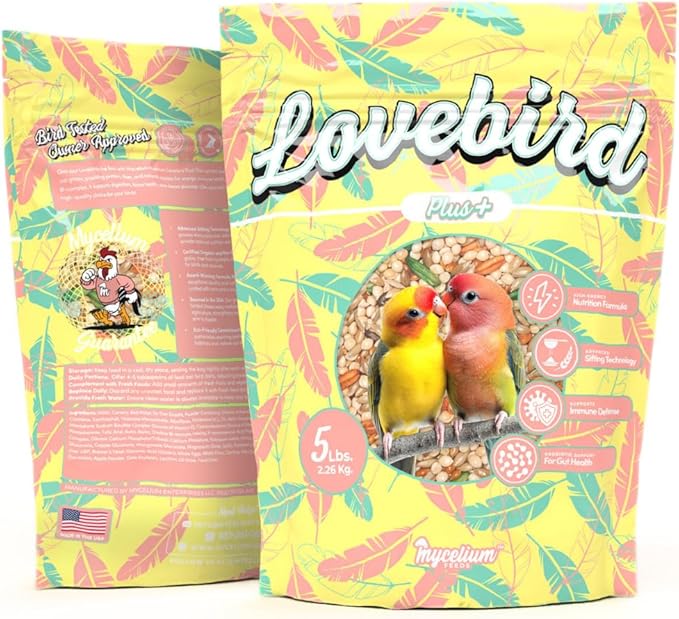 Mycelium Lovebird Plus Bird Food (5 LB Bag) | Organic, Non-GMO Bird Seed for Lovebirds & Small Parrots | Filler-Free & Nutrient-Rich | High Energy, Immune Support, Vitamin-Enriched | USA Made