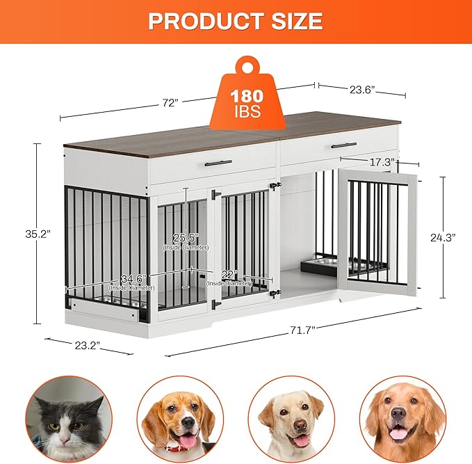 Rophefx 72" Dog Crate Furniture for 2 Dogs, Large Dog Kennel Furniture with 2 Storage Drawer and Removable Divider, Wooden Dog Cage with 4 Bowls, Indoor Dog House TV Stand for Medium Dog, White