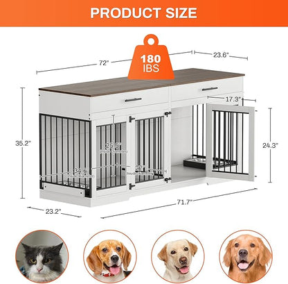 Rophefx 72" Dog Crate Furniture for 2 Dogs, Large Dog Kennel Furniture with 2 Storage Drawer and Removable Divider, Wooden Dog Cage with 4 Bowls, Indoor Dog House TV Stand for Medium Dog, White