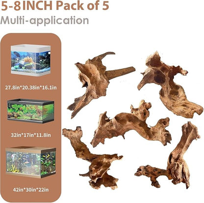 Natural Small Aquarium Driftwood for Fish Tanks & Reptile Terrariums – 100% Safe Fish Tank Decorations, Unique Twisted Branches 5-Piece 4-8 Inch Low Tannin, Easy to Sink
