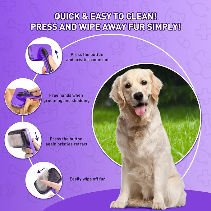 Dog Brush for Shedding, Self-Cleaning Slicker Brush, Perfect for Short & Long Haired Pets, Removes Mats, Tangles, Loose Fur, Gentle on Skin, Ideal for Small, Medium, Large Dogs. Purple