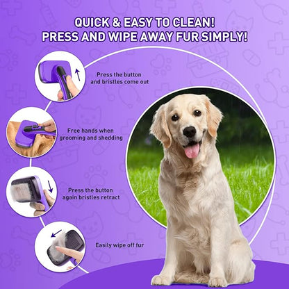 Dog Brush for Shedding, Self-Cleaning Slicker Brush, Perfect for Short & Long Haired Pets, Removes Mats, Tangles, Loose Fur, Gentle on Skin, Ideal for Small, Medium, Large Dogs. Purple