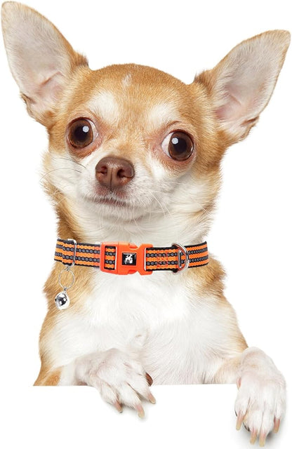 Adjustable Reflective XS/XXS Dog Collar with Bell - Nylon Puppy Collar for Chihuahua, Pomeranian, Small Dogs, Nighttime Safety, Orange XS