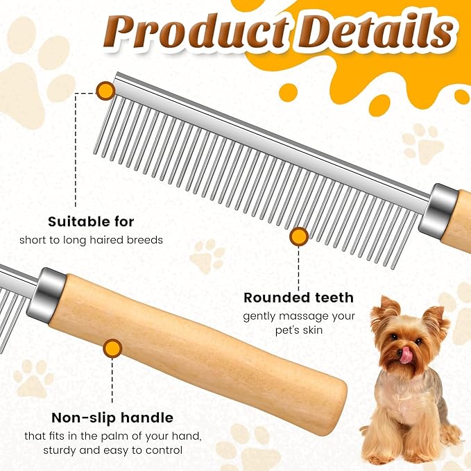 6 Pcs Grooming Comb bulk for Dogs Cats with Wooden Handle Pet Grooming Comb Smooth Teeth Tips Stainless Steel Detangling Matted Hair