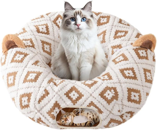 Cat Tunnel Bed for Indoor Cats, Cat Donut Tunnel with Washable Cushion, Peekaboo Cat Cave Toy, Multifunctional Playground Toys for Kittens, Rabbit, Brown Jacquard Pattern