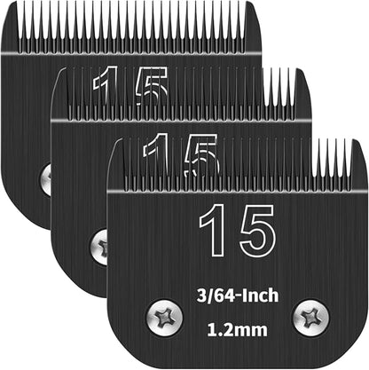 15# Detachable Pet Dog Grooming Blades, Compatible with Ainds, Oster A5, Wahl KM-10 and Other Series Clippers, Size: 15# Blade 3/64-Inch 1.2mm Cut Length. Black-3Pcs.