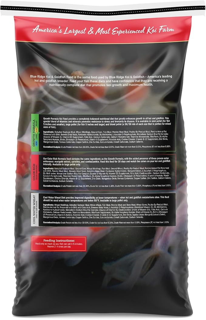 Blue Ridge Koi Fish Food 25lb - Koi Food 3/16” Large and Mini Blend Growth Formula, Goldfish Food, Premium Fish Food for Ponds, Ponds Fish Food, Floating Pond Pellets