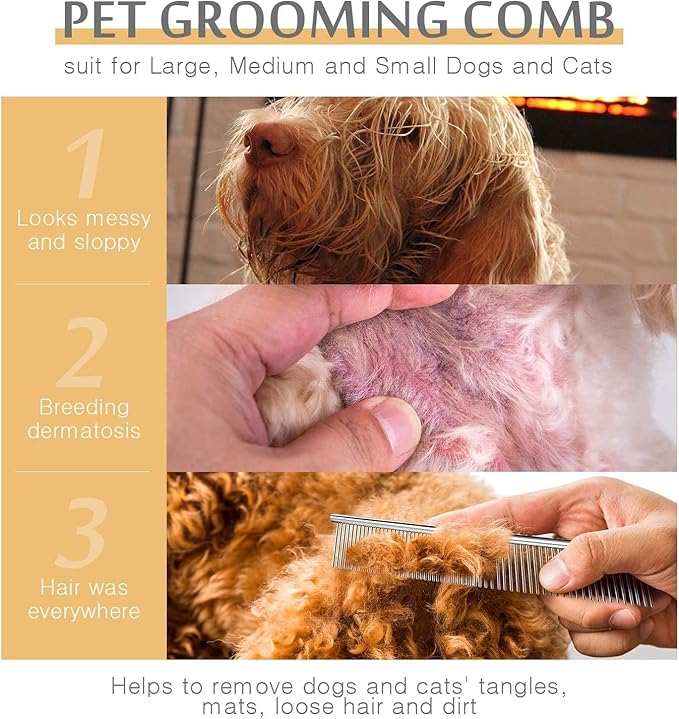 Dog Combs for Grooming, Metal Cat Comb for Removing Tangles and Knots, Professional Grooming Tool for Long Haired Dog, Cat and other pets