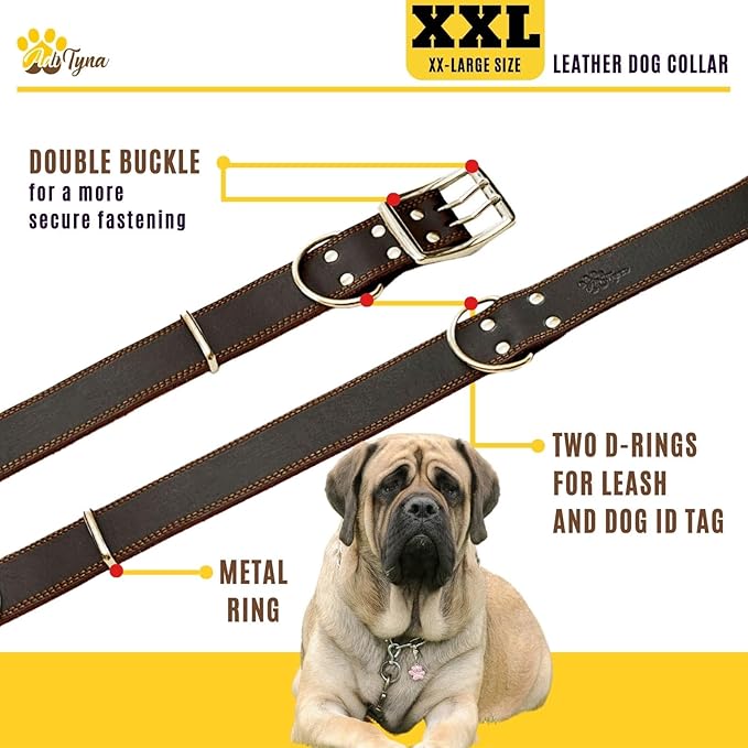 ADITYNA Big Leather Dog Collar - XXL Dog Collar for Giant Breeds Such as Mastiff (Giant: Fit 30" - 36" Neck, Brown)
