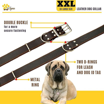 ADITYNA Big Leather Dog Collar - XXL Dog Collar for Giant Breeds Such as Mastiff (Giant: Fit 30" - 36" Neck, Brown)