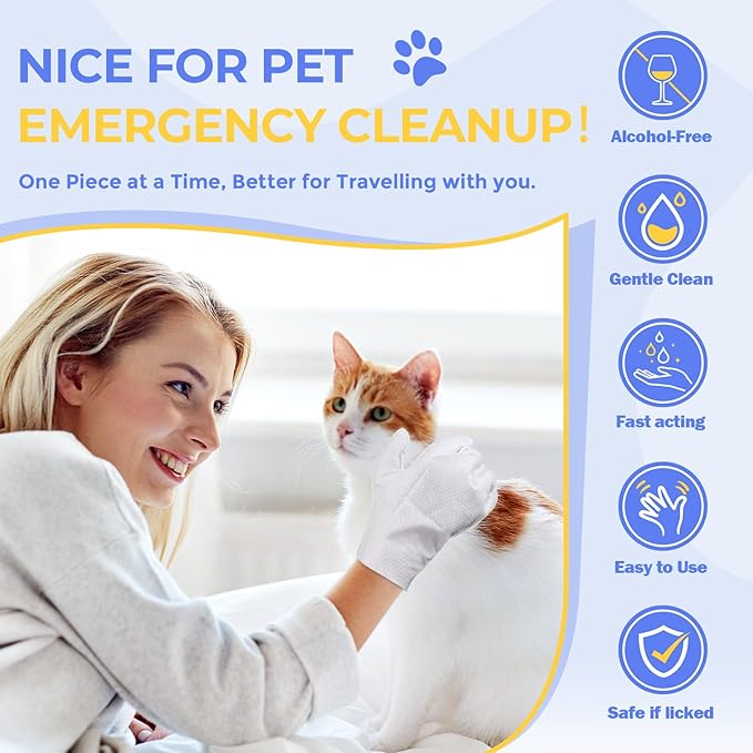 Pet Cleaning Glove Wipes for Dogs & Cats, Hypoallergenic Deodorizing Disposable No-Rinse Grooming Wipes, Extra Thick Bathing Wipes,Perfect for Pet Dry Cleaning,Daily Care and Travel,48 pcs