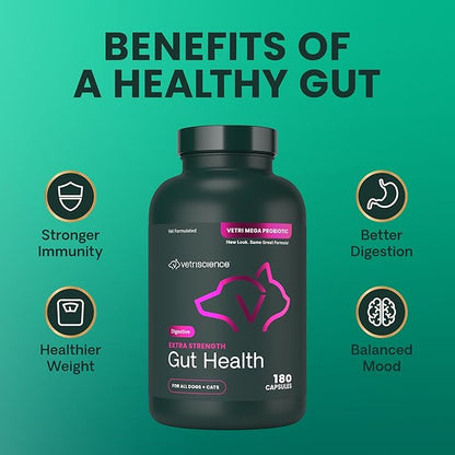 VetriScience Extra Strength Gut Health Probiotic & Prebiotic Digestive Supplements for Dogs & Cats, Gas & Diarrhea & Immune Support, Easy-Open Capsules, 180 Count - New Look