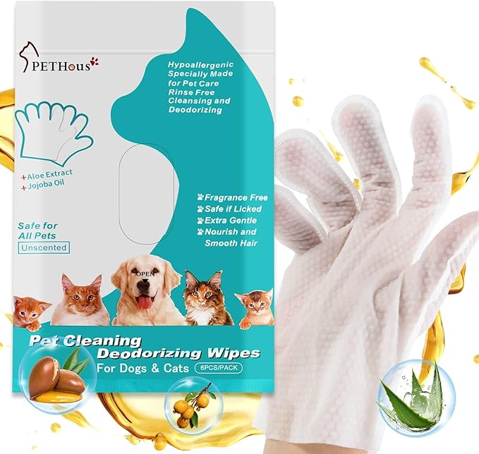 PETHous Multipurpose Pet Cleaning Gloves - 18 PCS, Post Surgery Pet Cleaning Mitts for Dogs/Cats | Dog Paw Cleaner Gloves, Waterless Cat Bath Gloves & Hypoallergenic Deodorizing Wipes Alternative