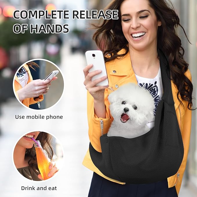 Dog Carrier Sling - Ultra Breathable Reversible Puppy Carrier Purse with Storage Pocket, Travel Safety Harness, Hand-Free Dog Sling Carrier for Carry Small Dogs and Cats, Dog and Cat Harness(Black)