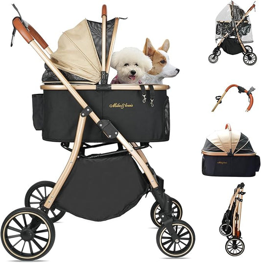 MILA&LOUIS Dog Stroller for Medium Dogs, Pet Stroller for Small Dogs with 4 Large Upgraded Wheel, Dog Strollers with Rain Cover, Cup Holder, Hook, Sturdy Puppy Stroller with Detachable Aluminum Cradle
