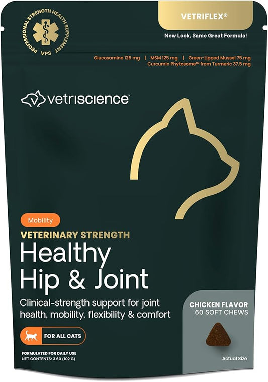 VetriScience Veterinary Strength Healthy Hip & Joint Chews - Cat Joint & Soft Tissue Health Supplement for Mobility - Clinical Strength Formula - Chicken Flavor - 60 Count