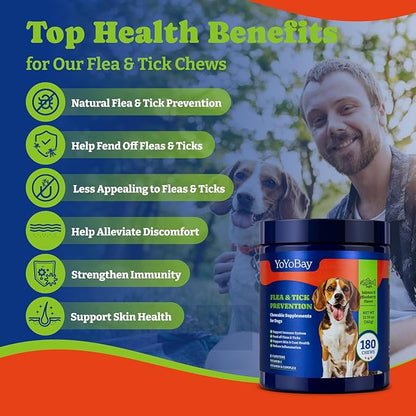Flea and Tick Prevention for Dogs Chewable - 180 Soft Chews, Salmon & Blueberry Flavor - Dog Flea and Tick Treatment Chewable, Natural Defense- Dog Immune Support Supplement