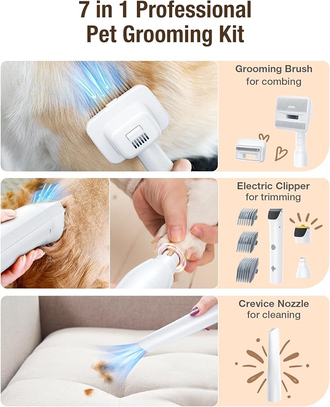 Dog Grooming Vacuum, 2.7L Dog Hair Vacuum with Clipper Nail Grinder Paw Trimmer, 3 Suction Modes, Low Noise Groomer with 7 Pet Grooming Tools, Pet Grooming Vacuum for Dogs Cats