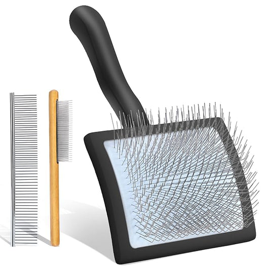 Dog Slicker Brush for Long Haired Dogs, Removes Loose Hair, Tangles and Knots, Professional Pet Grooming Kit, Ideal for Small Medium Large Dogs, Black, Free Pet Comb