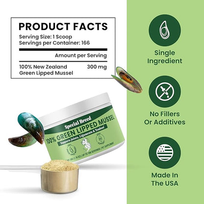 Green Lipped Mussel Powder for Dogs & Cats - 100% New Zealand Green Lipped Mussels - Natural Hip & Joint Supplement for Joints, Tendons, Ligaments, Muscles - 50 Grams - Up to 166 Servings