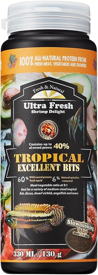 Ultra Fresh Tropical Fish Food, Wild Sword Prawn, Natural Color Enhancement, Slow Sinking Pellet for Discus, Angelfish, Medium Sized Cichlids and Fish, Tropical Excellent Bits 4.6 oz