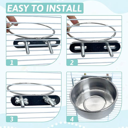PINVNBY 2PCS Stainless Steel Bird Bowl Parrot Food Water Bowls with Clamp Holder Bird Feeder Dish Cups Crate Bowls for Cockatiel Pigeons Conure Budgies African Greys (Double Screws Size: L)