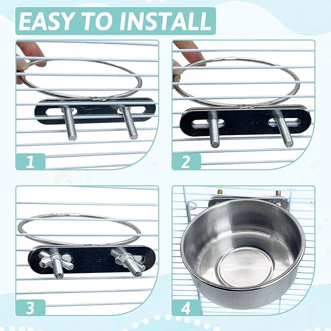 PINVNBY 2 PCS Stainless Steel Bird Bowl Parrot Food Water Bowls with Clamp Holder Bird Feeder Dish Cups Crate Bowls for Cockatiel Pigeons Conure Budgies African Greys (Double Screws Size: S)