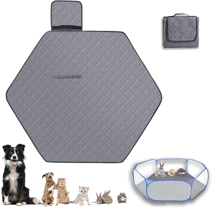 Hexagon Washable Liner for Small Animal Playpen, Portable Reusable Guinea Pig Playpen Pad Hamster Cage Pee Pad Super Absorbent Indoor Waterproof Anti-Slip for Rabbit Bunny (Grey)
