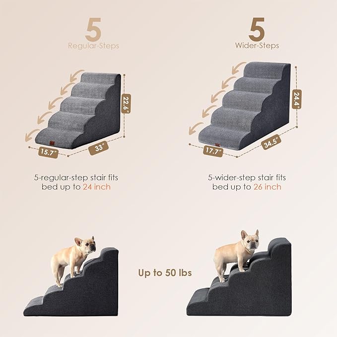 EHEYCIGA Curved Dog Stairs Ramp for High Beds, 5-Step Extra Wide Dog Steps for Small Dogs and Cats, Pet Stairs for High Bed Climbing, Non-Slip Balanced Pet Step Indoor, Grey