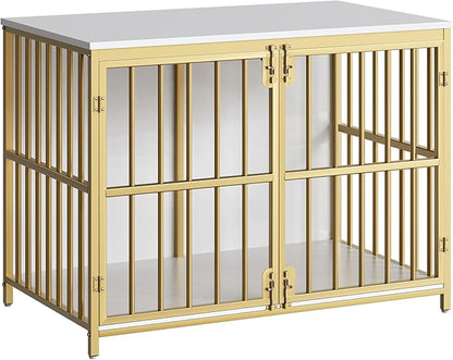 HOOBRO 38.6" Dog Crate Furniture, Wooden Dog Kennel Indoor, Chew-Resistant Heavy Duty Dog Cage for Small/Medium Dog, Decorative Side End Table, White and Gold DW100GW03