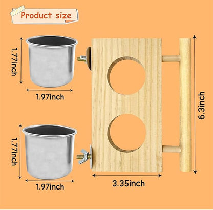 Tfwadmx Bird Feeding Dish Cups with Wooden Platform Hanging Stainless Steel Parrot Cage Feeder Bowl Wood Perch Stand for Parakeet Cockatiels Lovebirds Budgie (Small)