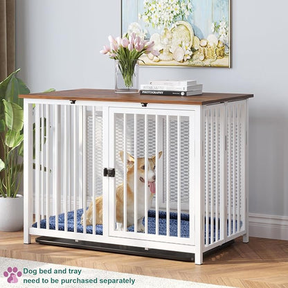 Heavy Duty Dog Crate Furniture, Fully Assembled exc. Locks, All Metal Frame & Wooden Tabletop, Modern Kennel for Small/Medium Dog, Sturdy, Foldable, End Table, White/Rustic Brown