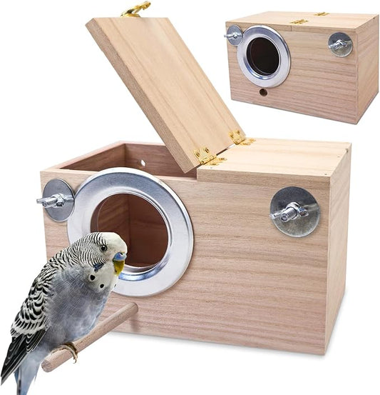 PINVNBY Parakeet Nesting Box Bird House for Cage Wood Mating Box Bird Breeding Box for Lovebirds, Cockatoo, Budgie, Finch, Canary Small and Medium Sized Birds (L:9.8 * 5.3 * 5.3 inch)