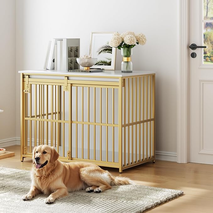 HOOBRO Dog Crate Furniture, 36.6" Heavy Duty Dog Kennel with Sliding Barn Door, Decorative Dog Crate Indoor, End Side Table for Small/Medium Dog, White and Gold DW162GW03G1