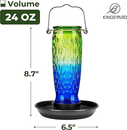 Kingsyard Bird Water Feeder for Outside, 24 Ounce, Glass Bird Water Dispenser with Metal Hanging for Garden Yard Outside Decoration, Green & Blue