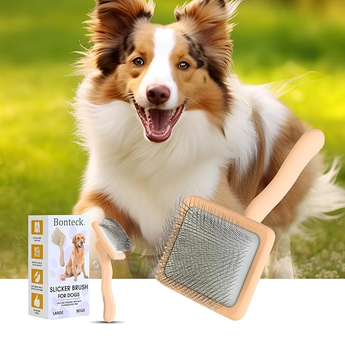 Dog Slicker Brush for Grooming Pet Hair, Beige, Long Haired Brush For Dogs (Poodles, Goldendoodles, Labradoodles), Long Pin Brush For Dematting