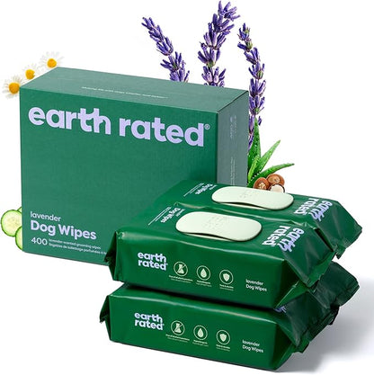 Earth Rated Dog Grooming Wipes, Hypoallergenic, Cleaning and Hydrating, for Paws, Body and Butt, Lavender Scented, 400 Count