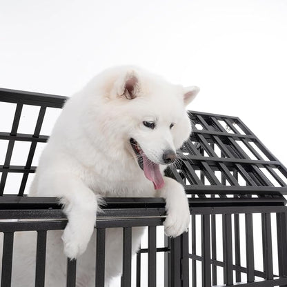 52" Metal Dog Cage with 4 Lockable Wheels, Heavy Duty Dog Kennel with Doors and Roof for Large Dogs, Black